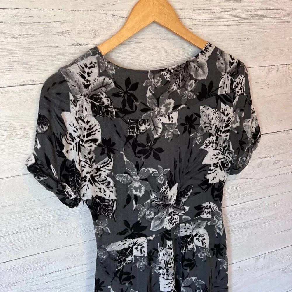 Free People Dress Size 4 Part Time Love Grey Floral Mini Short Sleeve Tie Front